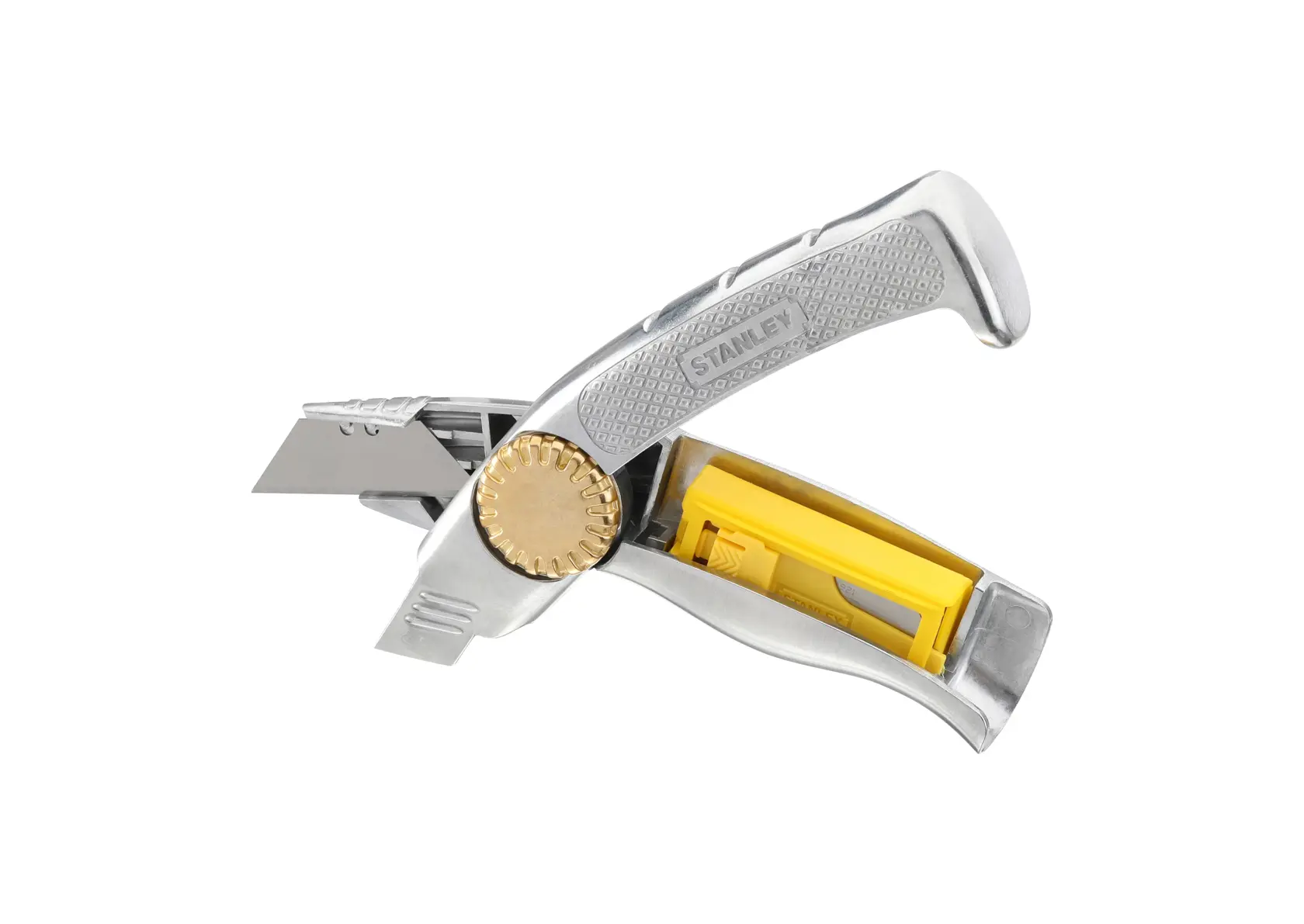 Photo of STANLEY 0-10-819 folding utility knife with yellow blade storage, angled on white background.