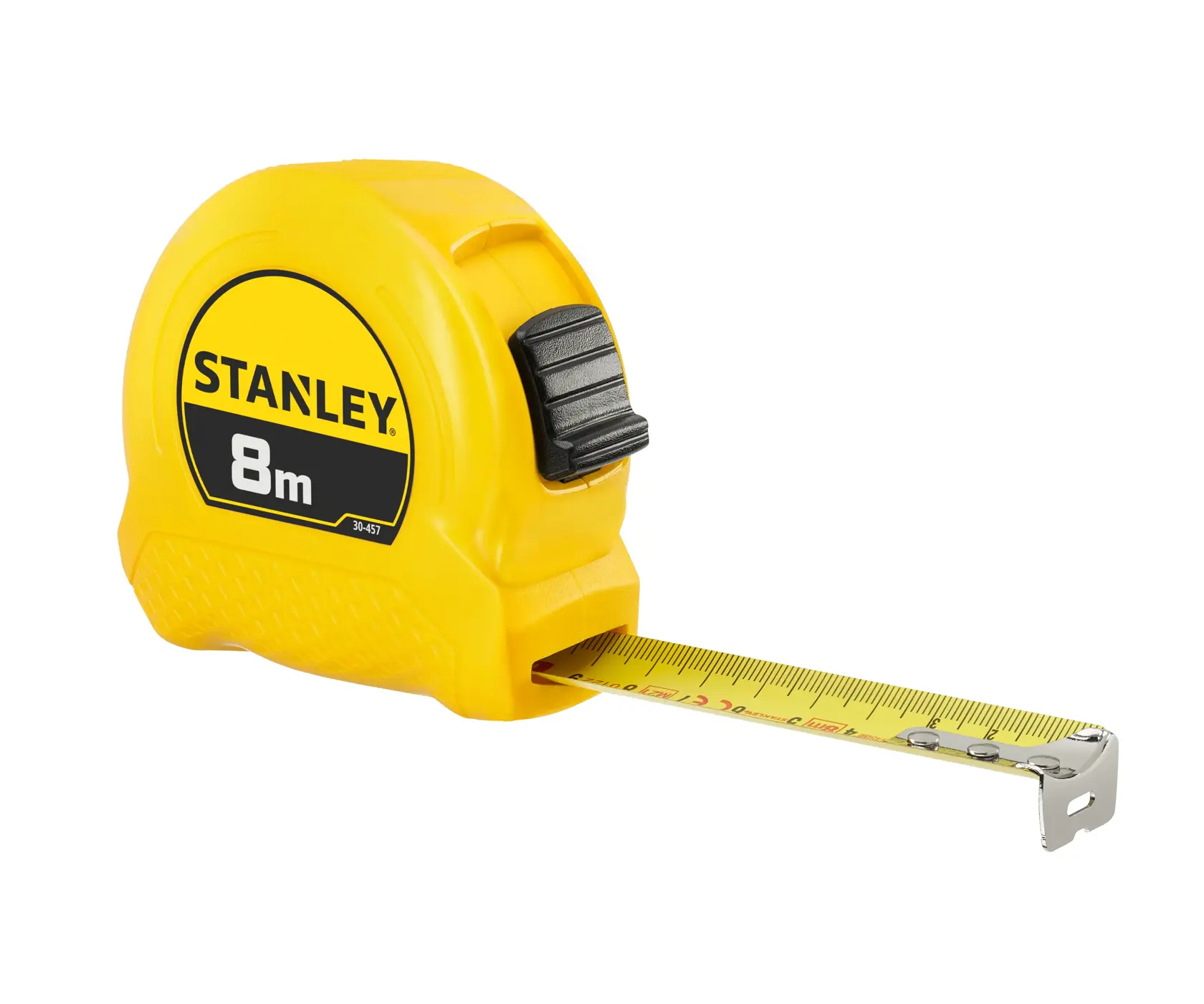 STANLEY 0-30-457 gelbes 8m Maßband, schräge Ansicht auf weißem Hintergrund.