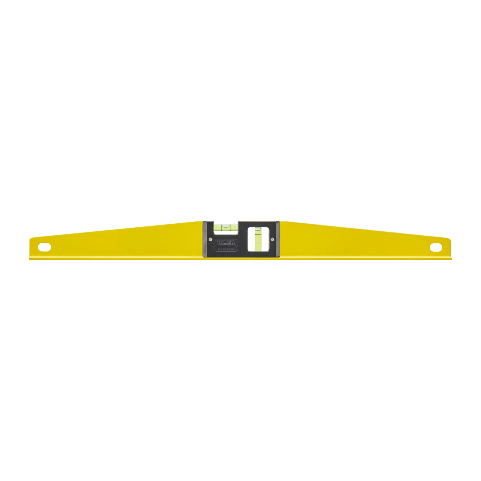 STANLEY 1-42-804 yellow spirit level with two vials, photography, front angle on white background.