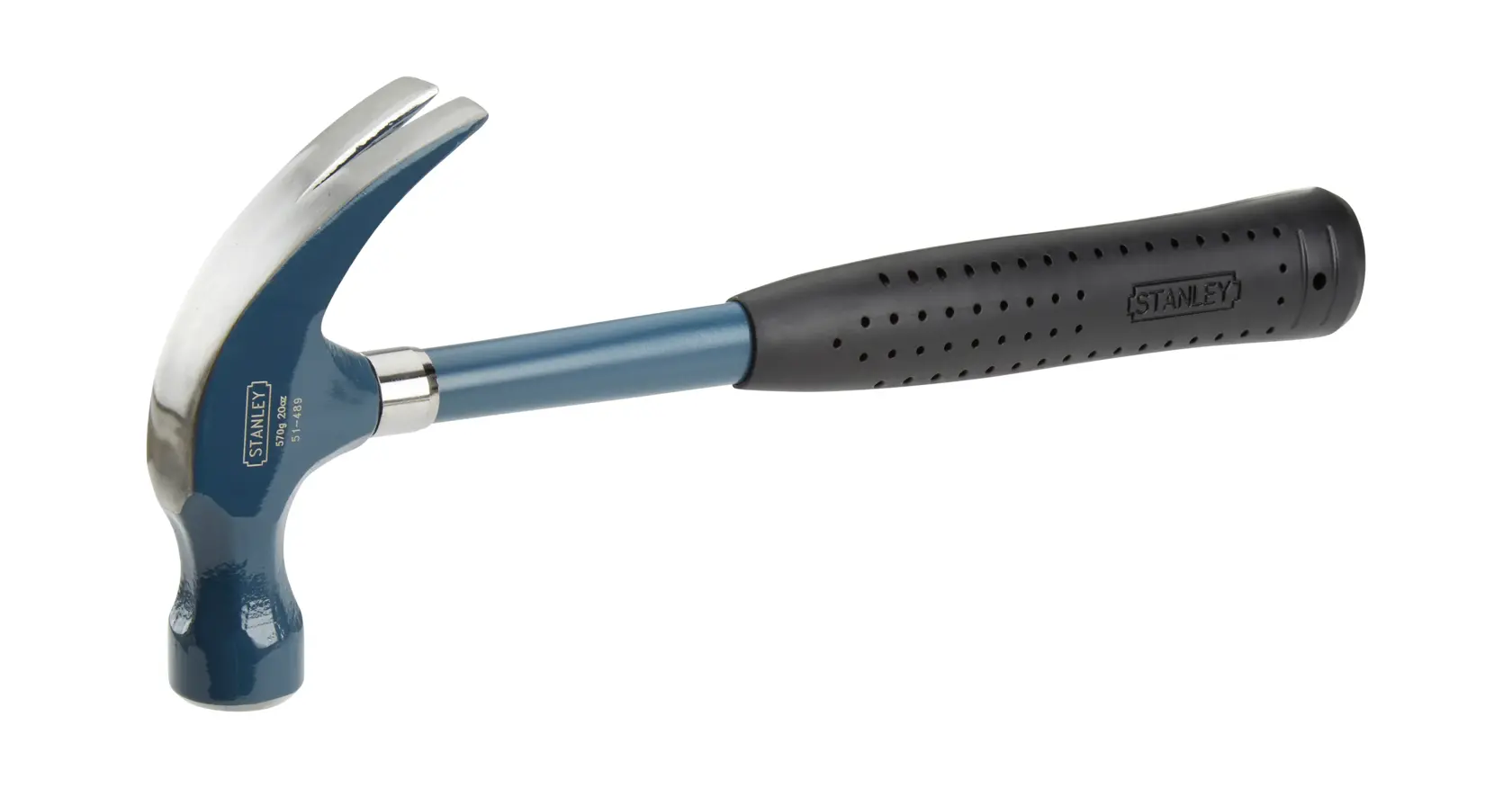 Stanley claw hammer with a black grip handle and blue metallic shaft, designed for general carpentry tasks.