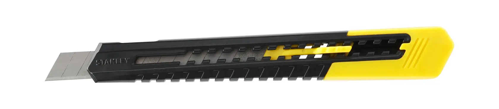 STANLEY 2-10-150 black and yellow snap-off utility knife, side angle, on white background.