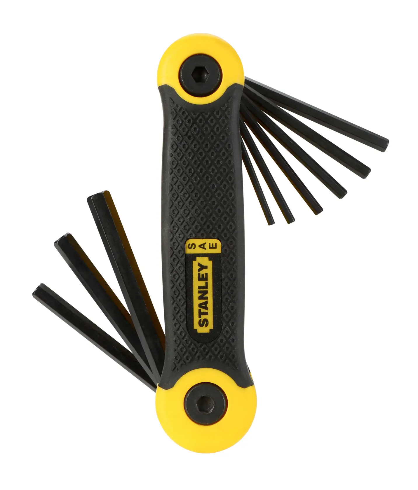 Stanley foldable hex key set with black keys and yellow black handle, keys extended on both sides.