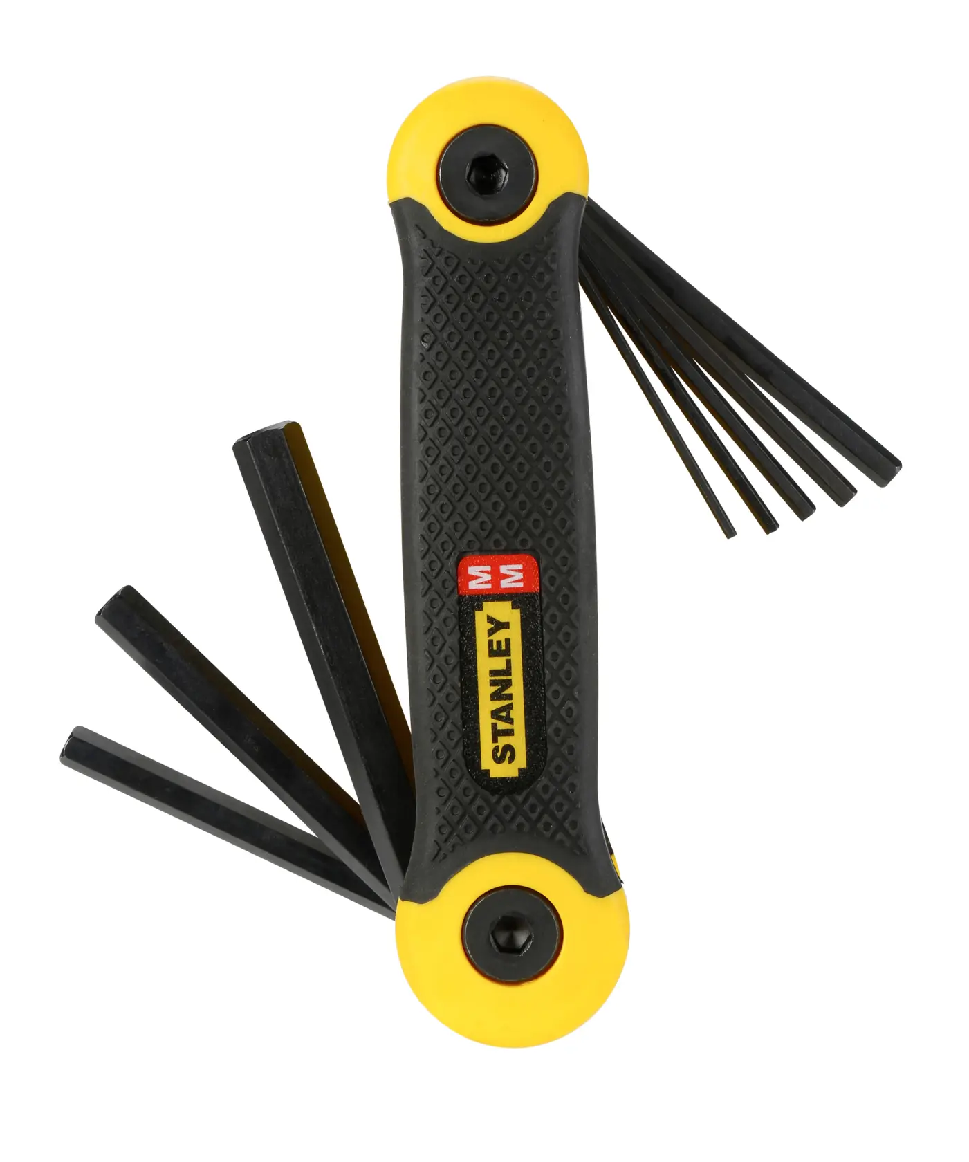 Stanley foldable hex key set with yellow and black handle, various sizes extended for use.