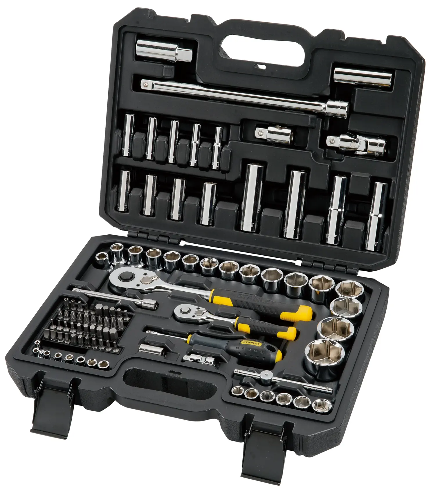 Stanley socket and ratchet tool set in a black plastic case with various bits and handles organized inside.